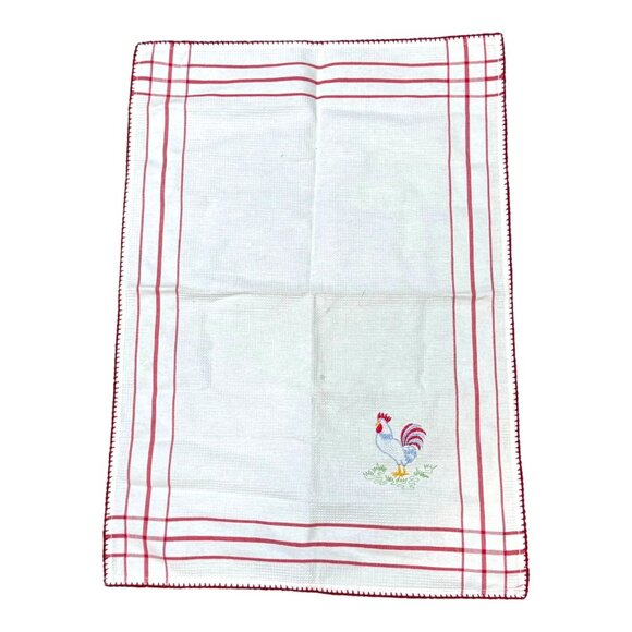 Vintage Cotton Tea Towel Embroidered Rooster Red Crochet Striped Edge Kitchen - Picture 2 of 8